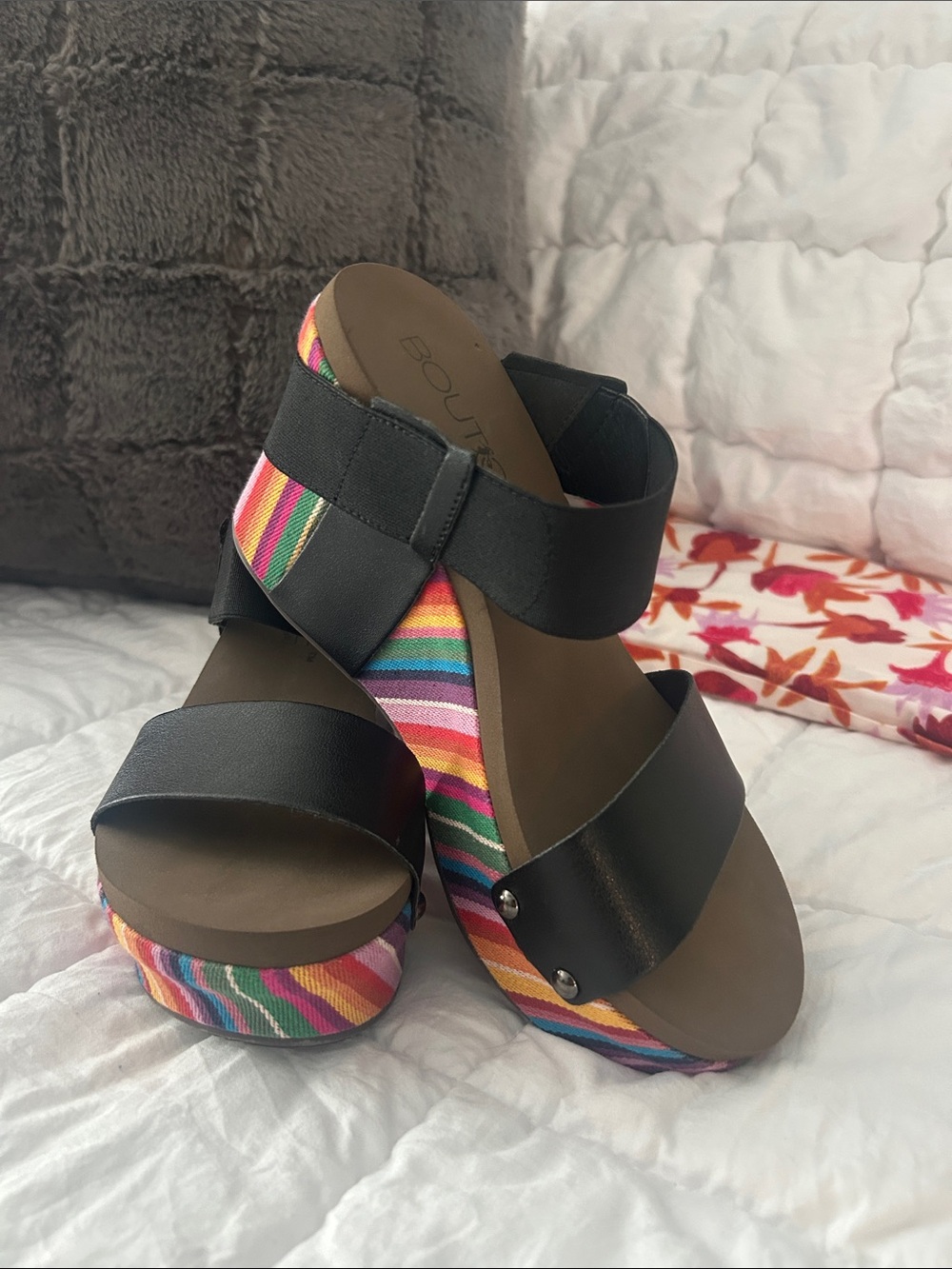 ⚜️ Black Double-Strap Platform Mules with Rainbow Stripe Wedge